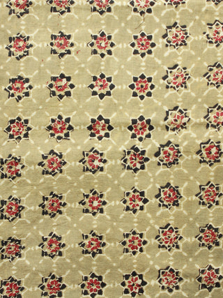 Light Olive Green  Black Red Ajrakh Hand Block Printed Cotton Fabric Per Meter - F003F1628