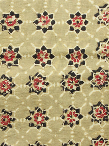 Light Olive Green  Black Red Ajrakh Hand Block Printed Cotton Fabric Per Meter - F003F1628