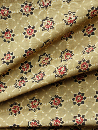 Light Olive Green  Black Red Ajrakh Hand Block Printed Cotton Fabric Per Meter - F003F1628