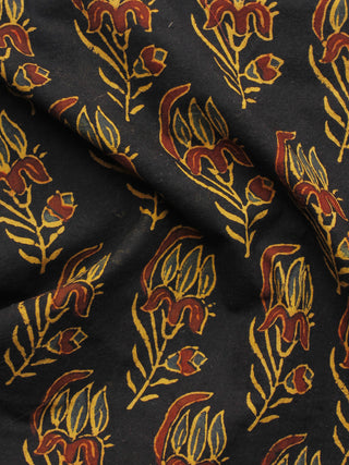 Black Rust Yellow Ajrakh Hand Block Printed Cotton Blouse Fabric - BPA076