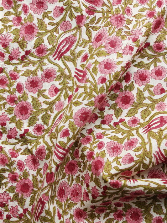 Ivory Pink Green Hand Block Printed Cotton Fabric Per Meter - F001F1099
