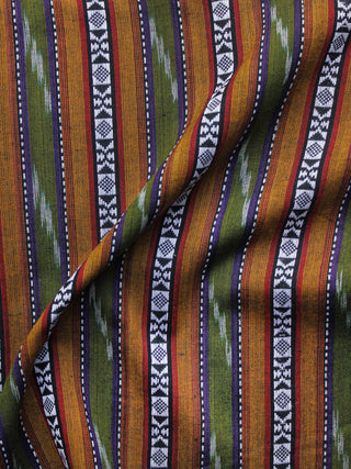 Olive Green Orange White Black Pochampally Hand Weaved Ikat Fabric Per Meter - F003F1266