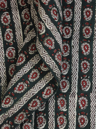 Bottle Green Red Ivory Ajrakh Hand Block Printed Cotton Fabric Per Meter - F003F2105