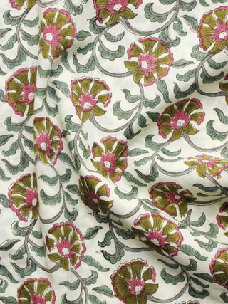 Ivory Teal Green Orange Hand Block Printed Cotton Fabric Per Meter - F001F1098