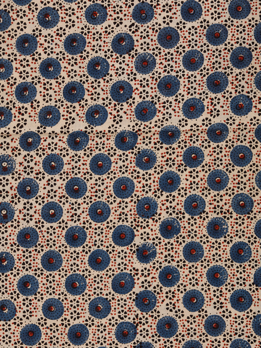Beige Indigo Black Rust Ajrakh Hand Block Printed Cotton Fabric Per Meter - F003F1788