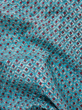 Teal Green Wine Red Hand Block Printed Cotton Fabric Per Meter - F001F1909