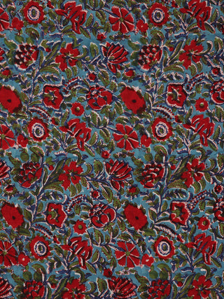 Blue Red  Green Hand Block Printed Cotton Fabric Per Meter - F001F2043