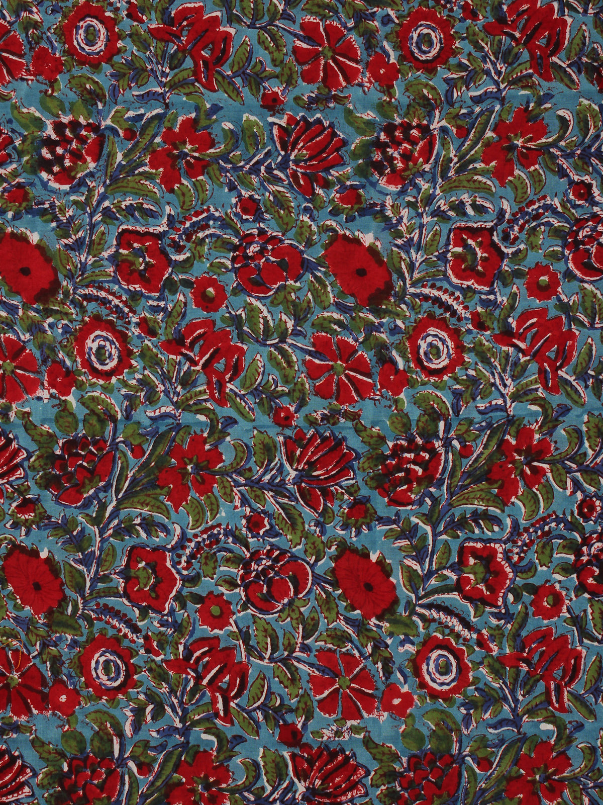 Blue Red  Green Hand Block Printed Cotton Fabric Per Meter - F001F2043