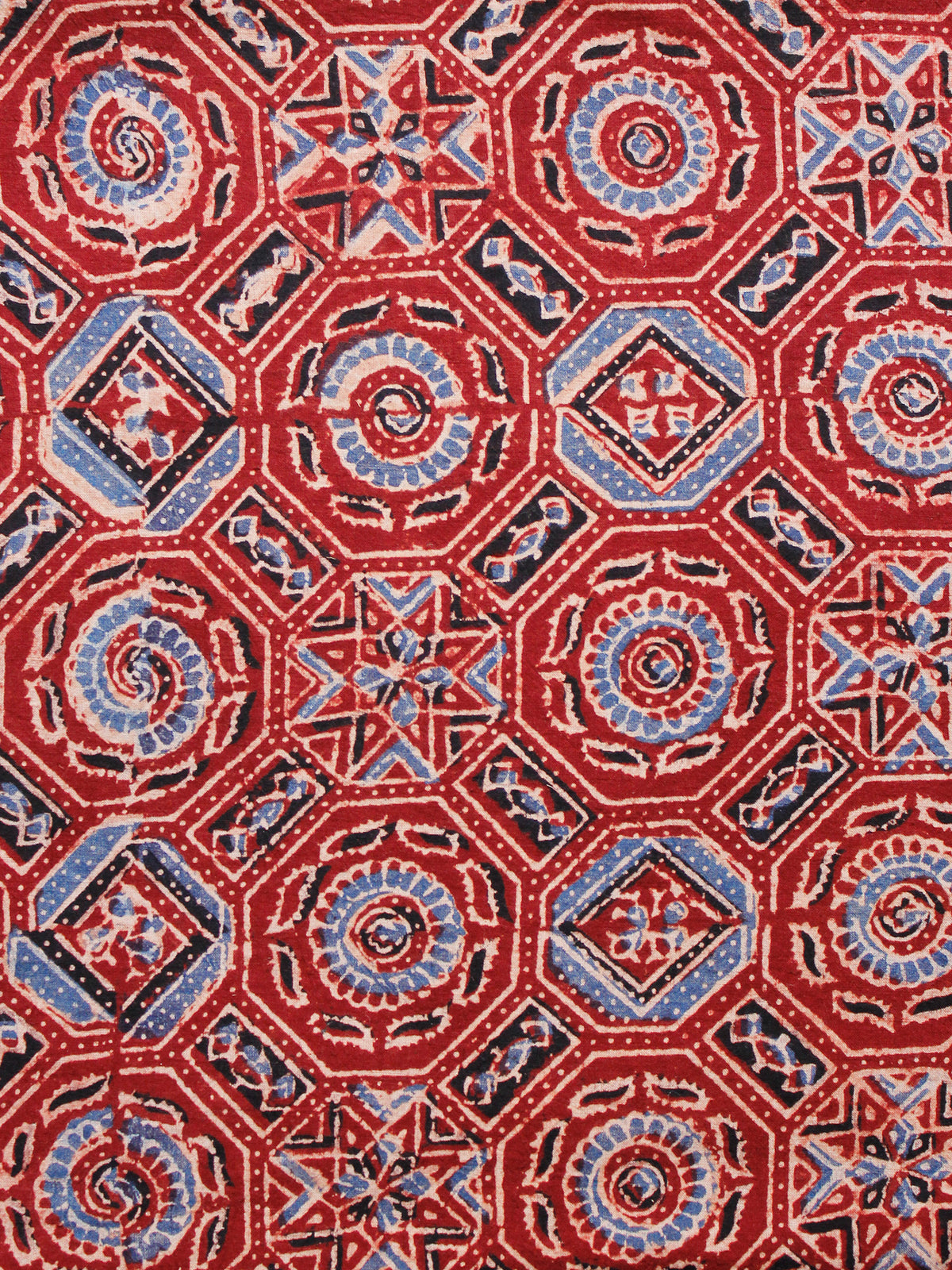 Rust Black Blue Ivory Ajrakh Hand Block Printed Cotton Fabric Per Meter - F003F1630