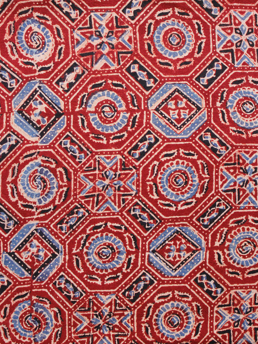 Rust Black Blue Ivory Ajrakh Hand Block Printed Cotton Fabric Per Meter - F003F1630