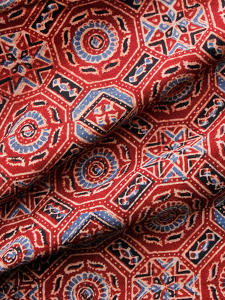 Rust Black Blue Ivory Ajrakh Hand Block Printed Cotton Fabric Per Meter - F003F1630