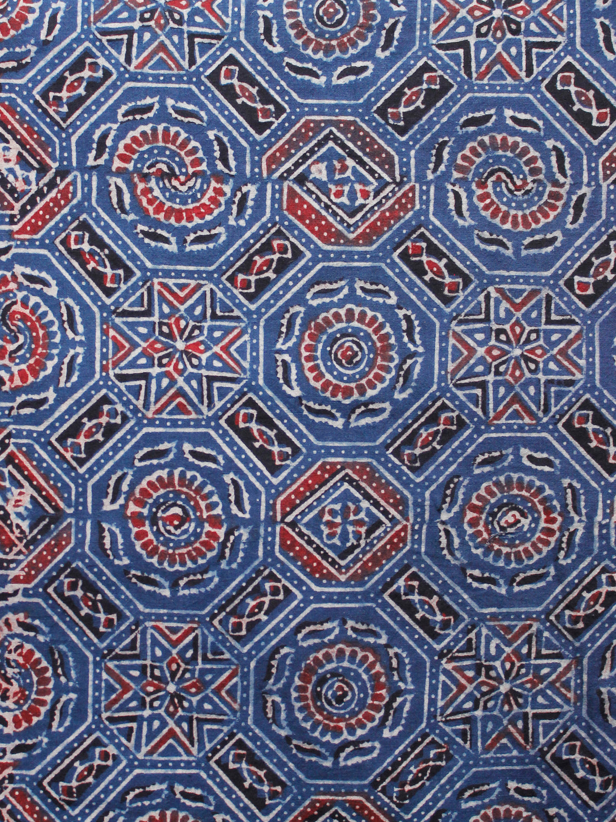 Indigo Red Black Ivory Ajrakh Hand Block Printed Cotton Fabric Per Meter - F003F1631