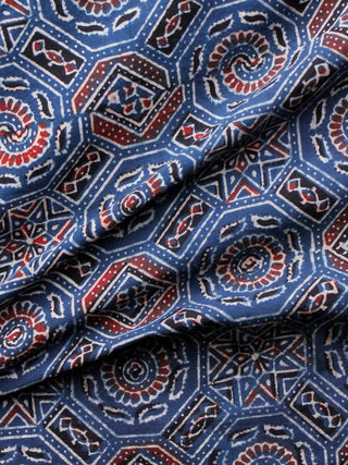 Indigo Red Black Ivory Ajrakh Hand Block Printed Cotton Fabric Per Meter - F003F1631