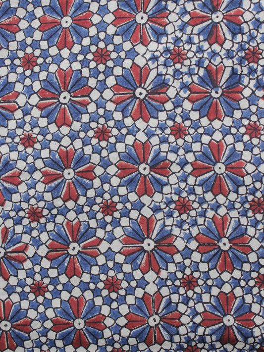 Ivory Red Blue Ajrakh Printed Cotton Fabric Per Meter - F003F1212