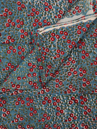 Teal Blue Red Green Hand Block Printed Cotton Fabric Per Meter - F001F2045