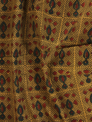 Mustard Maroon Green Ajrakh Hand Block Printed Cotton Fabric Per Meter - F003F2109
