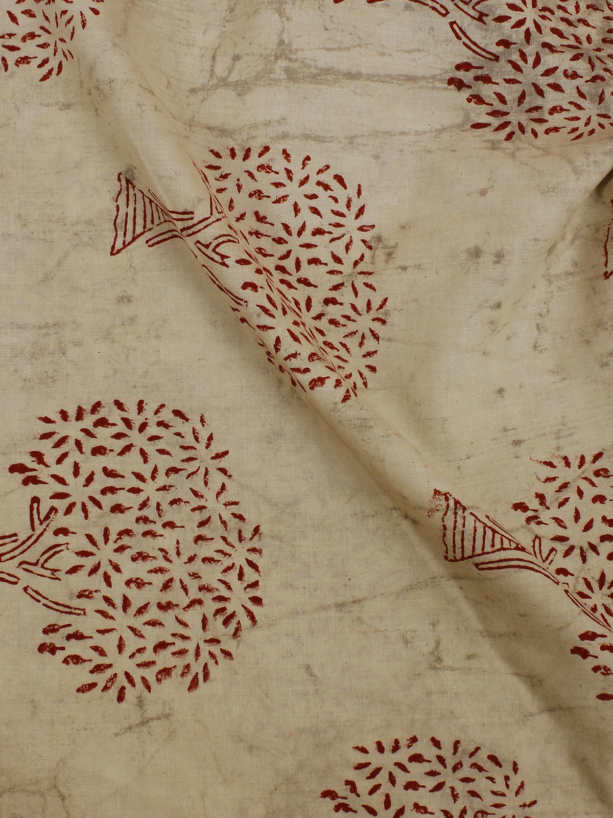 Beige Red Hand Block Printed Cotton  Cambric Fabric Per Meter - F0916388
