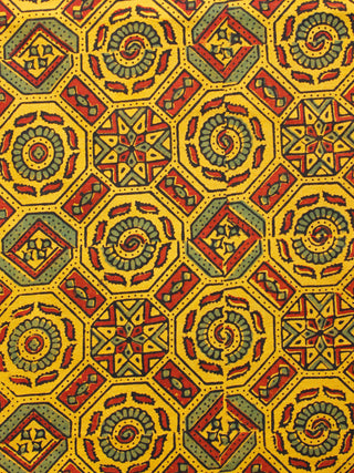 Yellow Red Green Black Ajrakh Hand Block Printed Cotton Fabric Per Meter - F003F1633