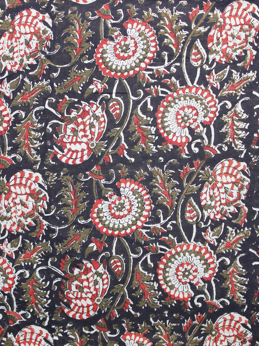 Black Red Brown Ivory Hand Block Printed Cotton Fabric Per Meter - F003F1219