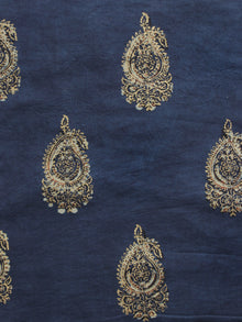 Indigo Beige Gold Painted Hand Block Printed Cotton Fabric Per Meter - F001F898