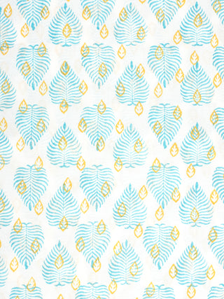 White Sky Blue Yellow Hand Block Printed Cotton Fabric Per Meter - F001F2334