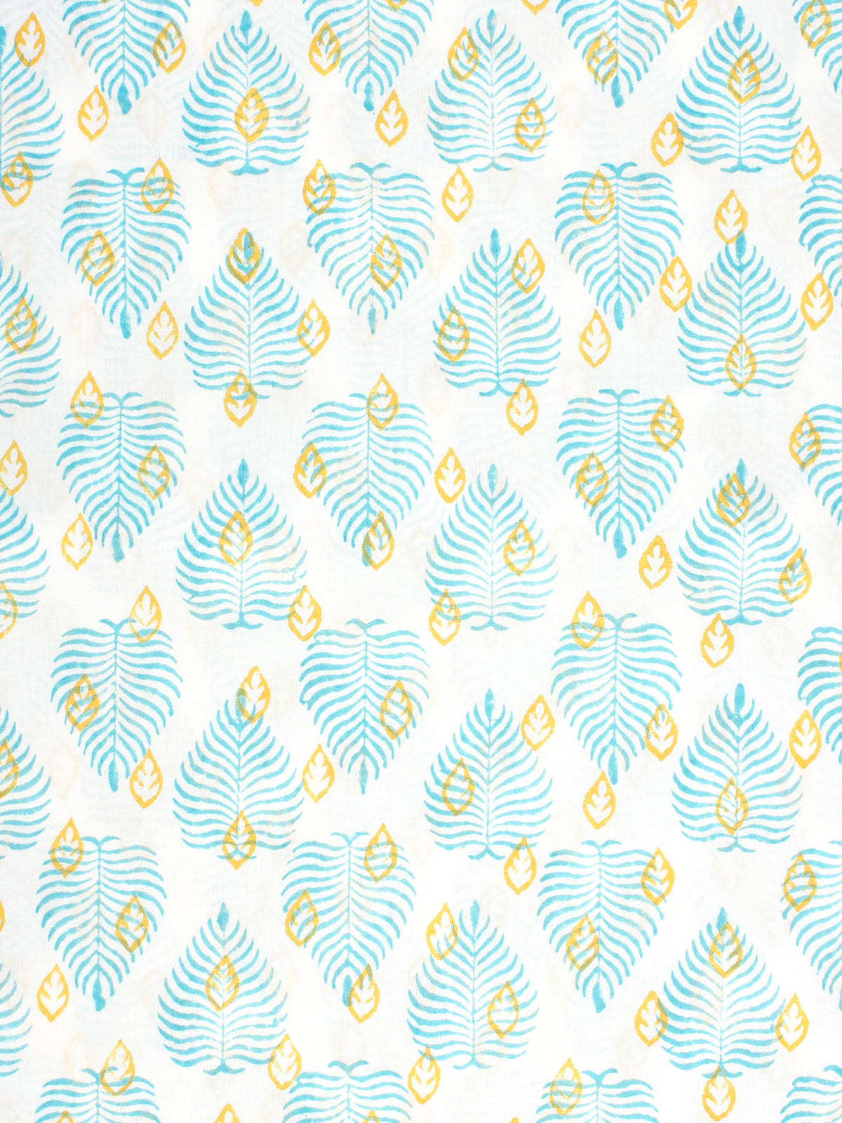 White Sky Blue Yellow Hand Block Printed Cotton Fabric Per Meter - F001F2334