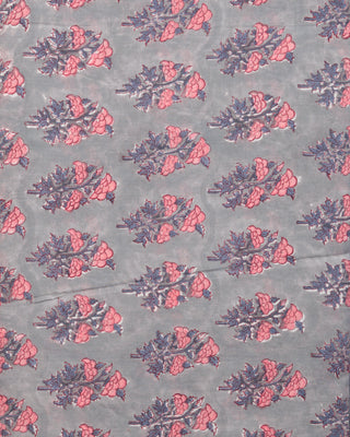 Grey Coral White Steel Blue Block Printed Cotton Fabric Per Meter - F001F2408