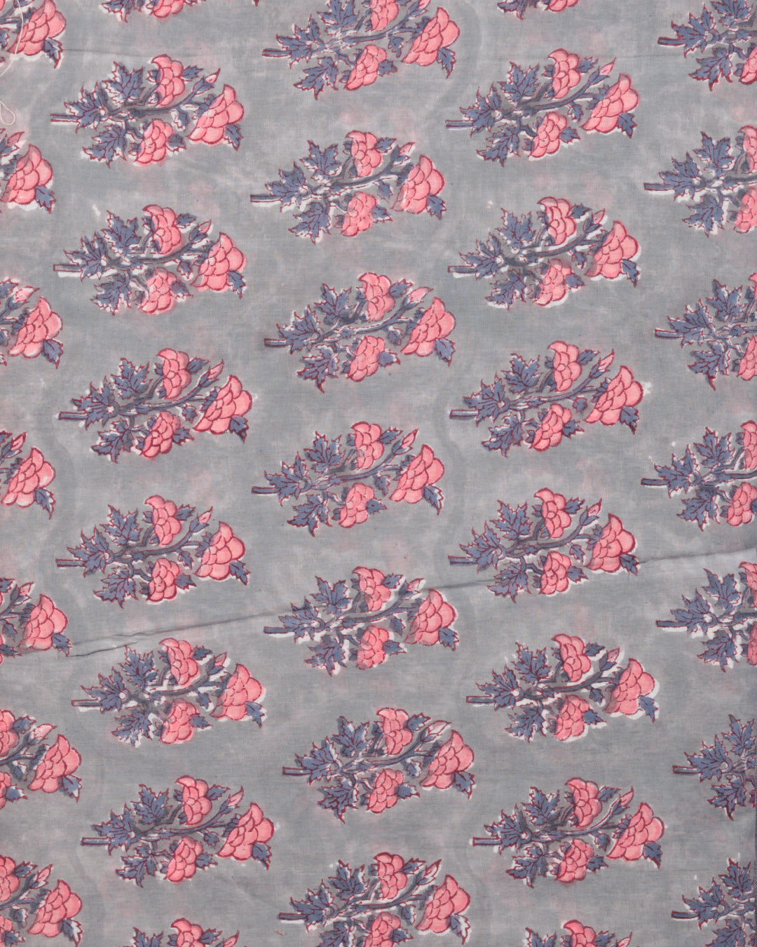 Grey Coral White Steel Blue Block Printed Cotton Fabric Per Meter - F001F2408