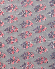 Grey Coral White Steel Blue Block Printed Cotton Fabric Per Meter - F001F2408
