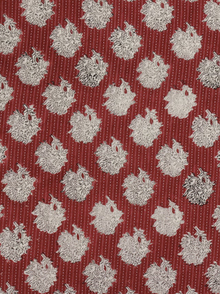 Red Beige Black Kantha Embroidered Hand Block Printed Cotton Fabric - F001F562