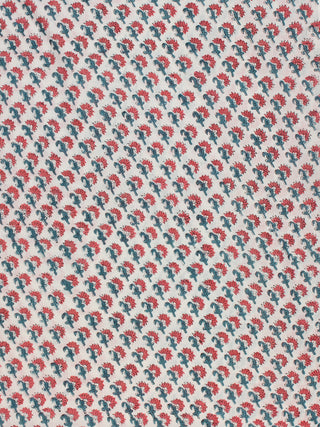 White Teal Coral Hand Block Printed Cotton Fabric Per Meter - F001F2344
