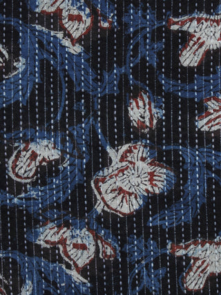 Black Indigo Rust Ivory Kantha Embroidered Hand Block Printed Cotton Fabric - F004K1123