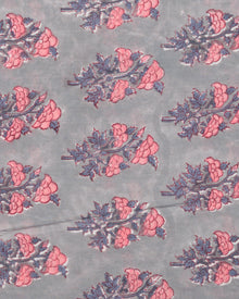 Grey Coral White Steel Blue Block Printed Cotton Fabric Per Meter - F001F2408