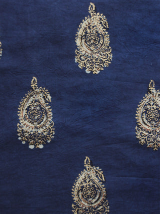 Indigo Beige Gold Painted Hand Block Printed Cotton Fabric Per Meter - F001F898