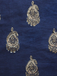 Indigo Beige Gold Painted Hand Block Printed Cotton Fabric Per Meter - F001F898