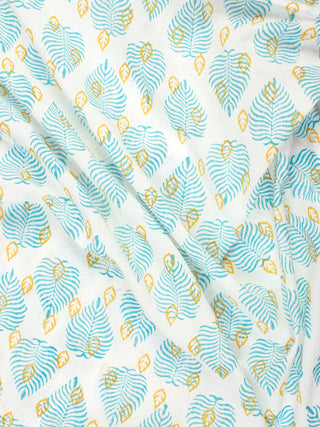 White Sky Blue Yellow Hand Block Printed Cotton Fabric Per Meter - F001F2334