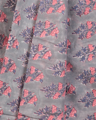 Grey Coral White Steel Blue Block Printed Cotton Fabric Per Meter - F001F2408