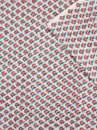 White Teal Coral Hand Block Printed Cotton Fabric Per Meter - F001F2344