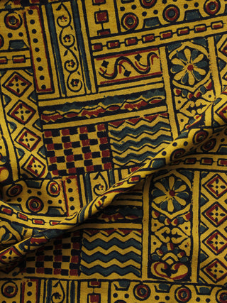 Mustard Yellow Maroon Black Ajrakh Hand Block Printed Cotton Blouse Fabric - BPA006