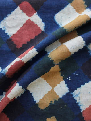 Indigo Beige Ivory Red Hand Block Printed Cotton Fabric Per Meter - F003F1321