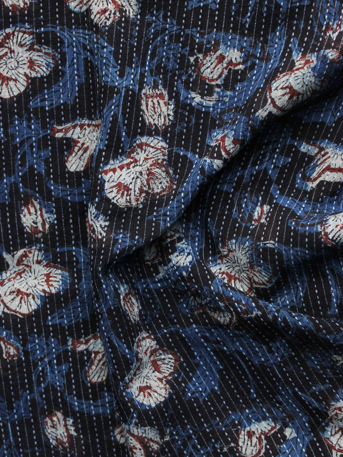 Black Indigo Rust Ivory Kantha Embroidered Hand Block Printed Cotton Fabric - F004K1123