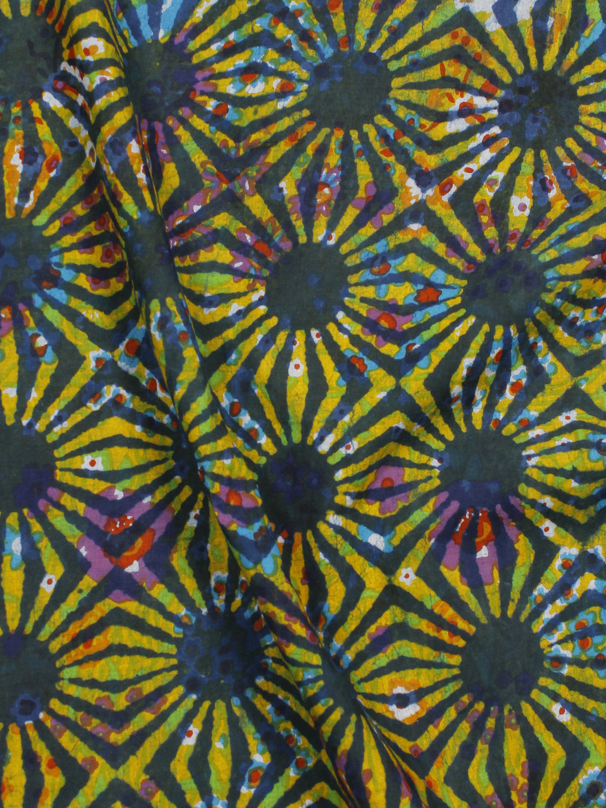 Yellow Green Multi Color Hand Block Printed Cotton Fabric Per Meter - F001F773