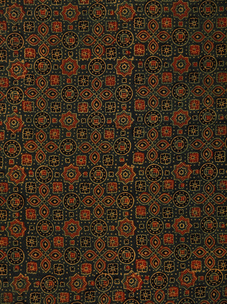 Green Yellow Rust Black Ajrakh Hand Block Printed Cotton Fabric Per Meter - F003F1793