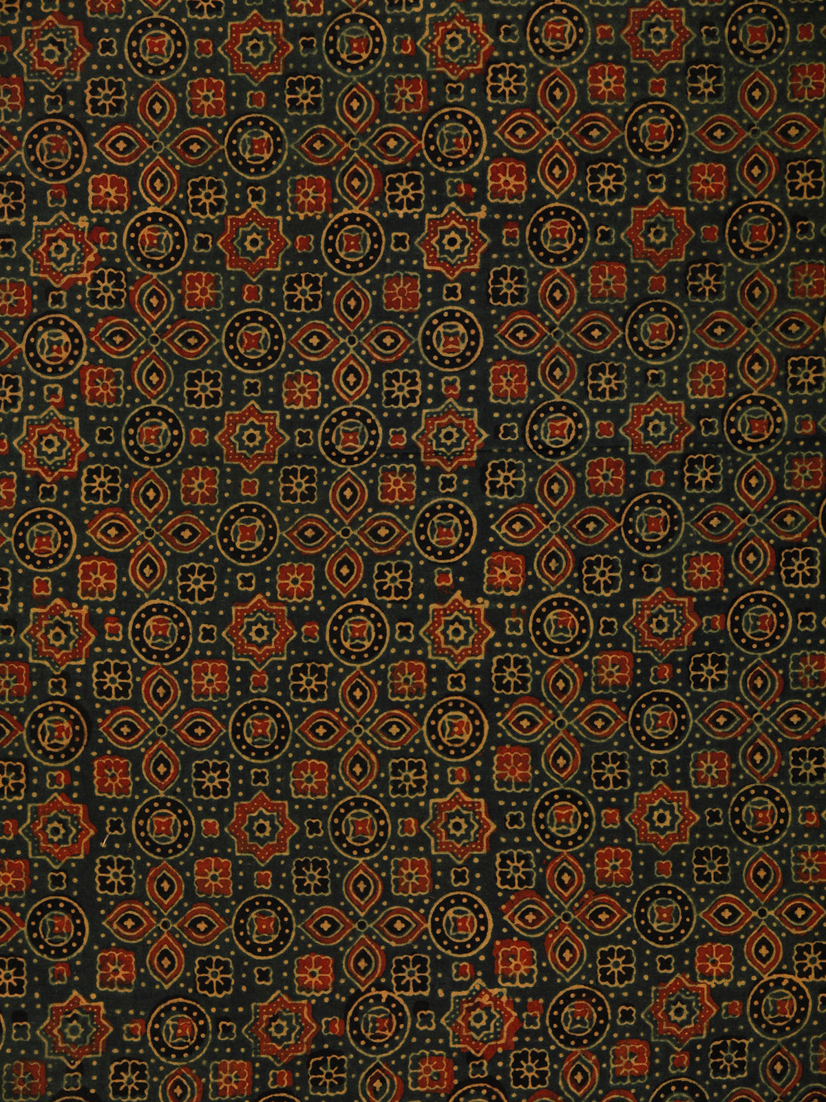 Green Yellow Rust Black Ajrakh Hand Block Printed Cotton Fabric Per Meter - F003F1793