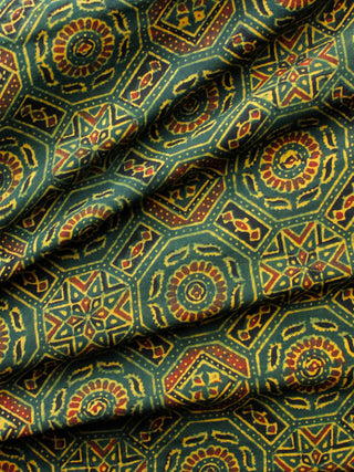 Green Yellow Black Red Ajrakh Hand Block Printed Cotton Fabric Per Meter - F003F1634