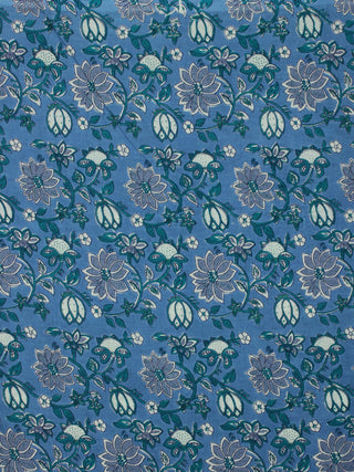 Blue Teal Blue White  Hand Block Printed Cotton Fabric Per Meter - F001F2049