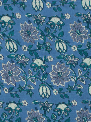Blue Teal Blue White  Hand Block Printed Cotton Fabric Per Meter - F001F2049