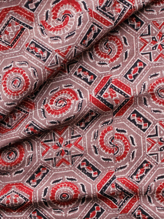 Light Brown Black Red Ivory Ajrakh Hand Block Printed Cotton Fabric Per Meter - F003F1635