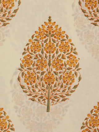Ivory Yellow Green Hand Block Printed Cotton Fabric Per Meter - F001F2052