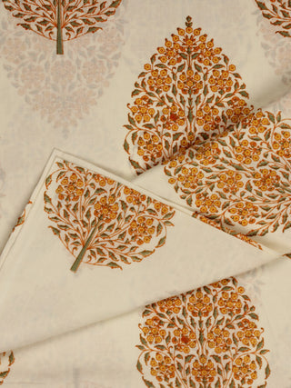 Ivory Yellow Green Hand Block Printed Cotton Fabric Per Meter - F001F2052